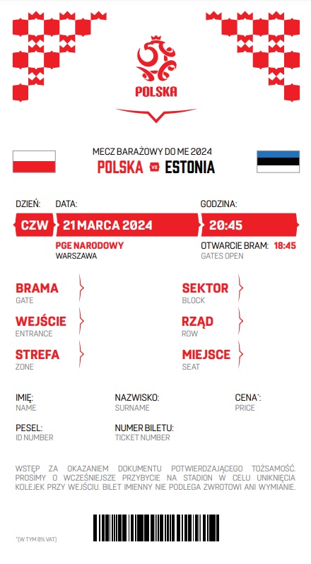 Polska - Estonia 5:1 (21.03.2023) Bilet