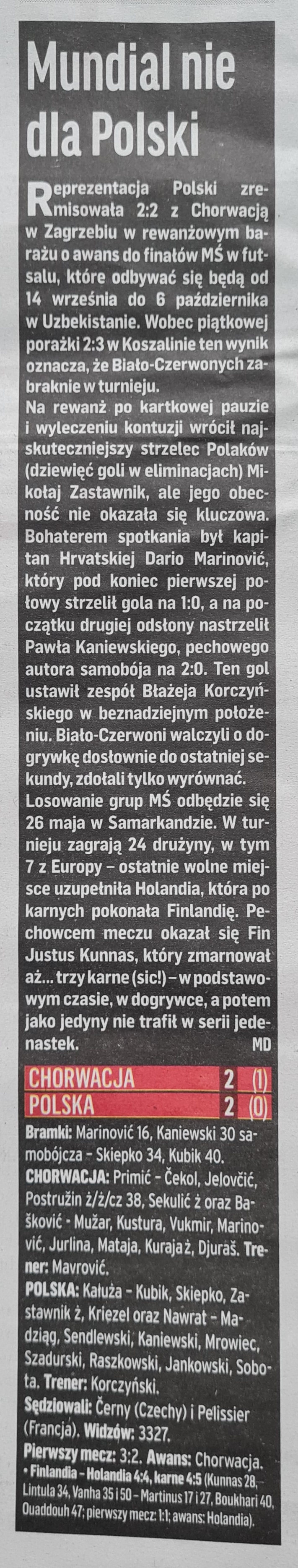 Chorwacja - Polska 2:2, 16.04.2024 Przegląd Sportowy