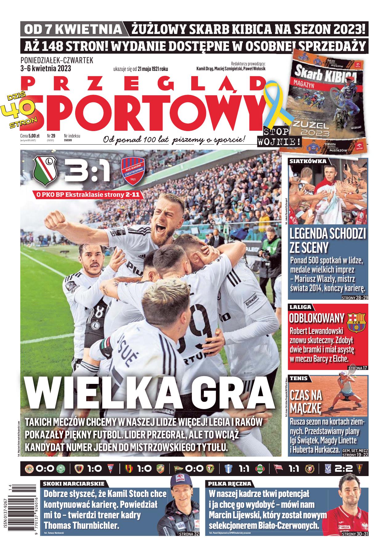 Przegląd Sportowy po meczu Legia Warszawa - Raków Częstochowa 3:1 (01.04.2023)