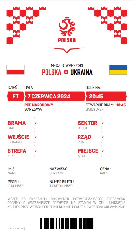 Polska - Ukraina 3:1, 07.06.2024 Bilet