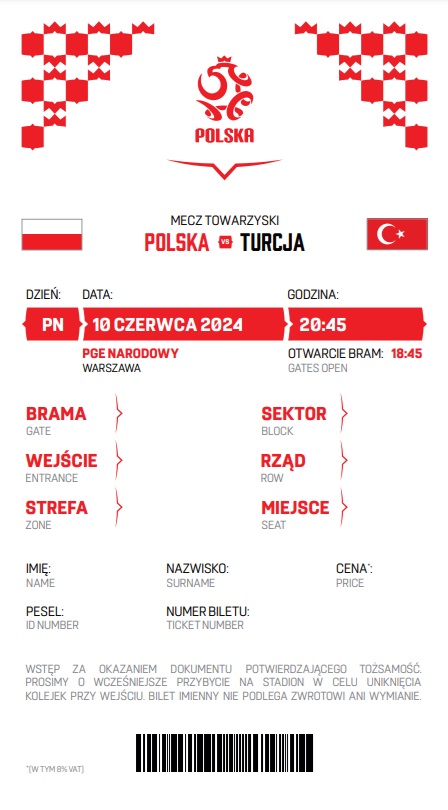 Polska - Turcja 2:1 (10.06.2024) Bilet