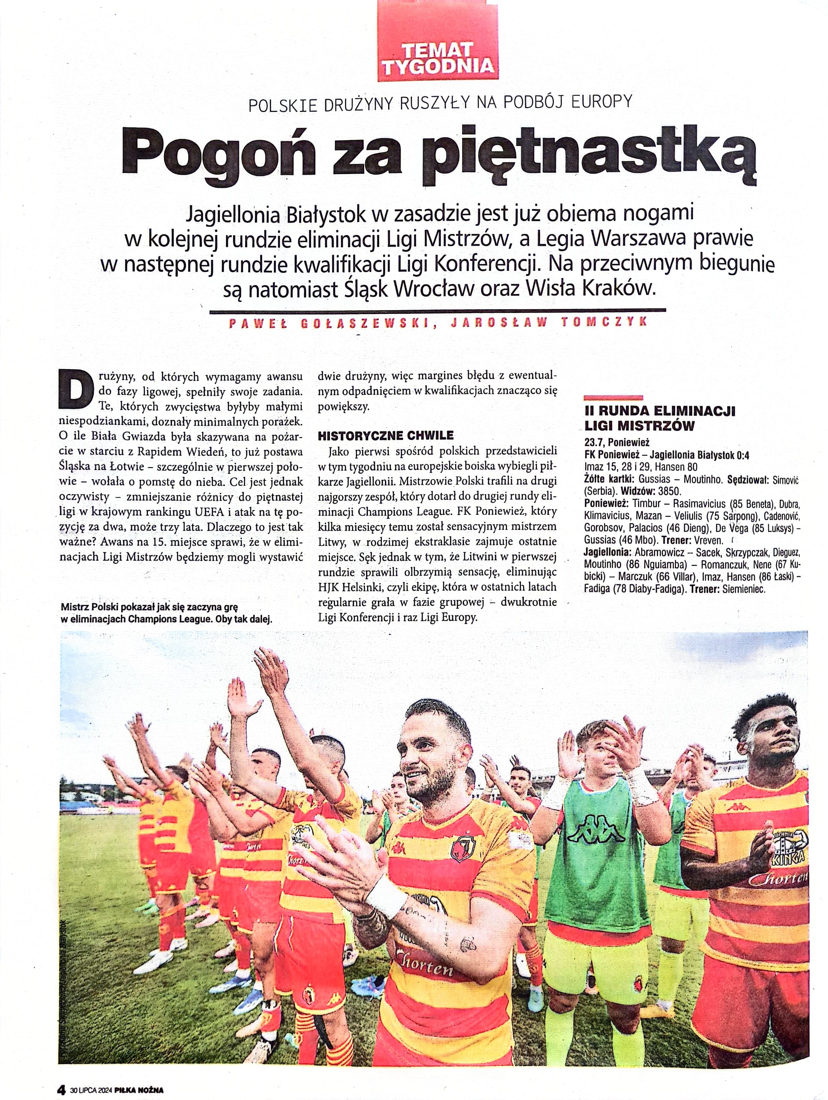 Tygodnik Piłka Nożna po meczach FK Poniewież - Jagiellonia, Wisła K. - Rapid, Legia - Caernarfon Town i Riga FC - Śląsk