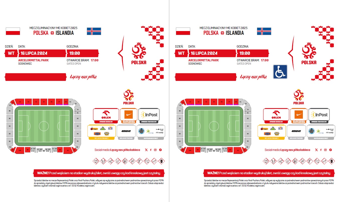 Bilet do wydrukowania z meczu kobiet Polska - Islandia 0:1 (16.07.2024)