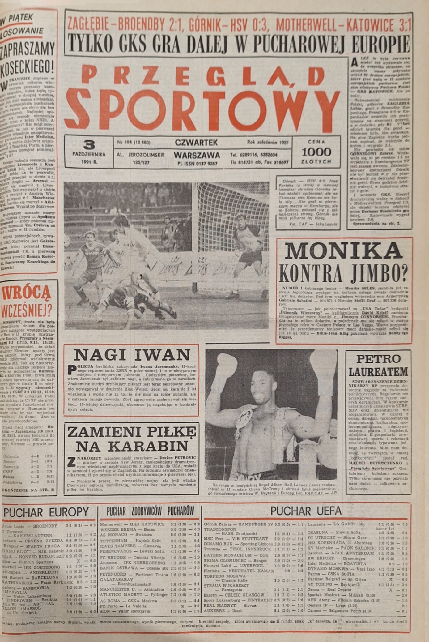 Przegląd Sportowy po meczach Górnik Zabrze - HSV 0:3 i Zagłębie Lubin - Brøndby Kopenhaga 2:1 (02.10.1991)