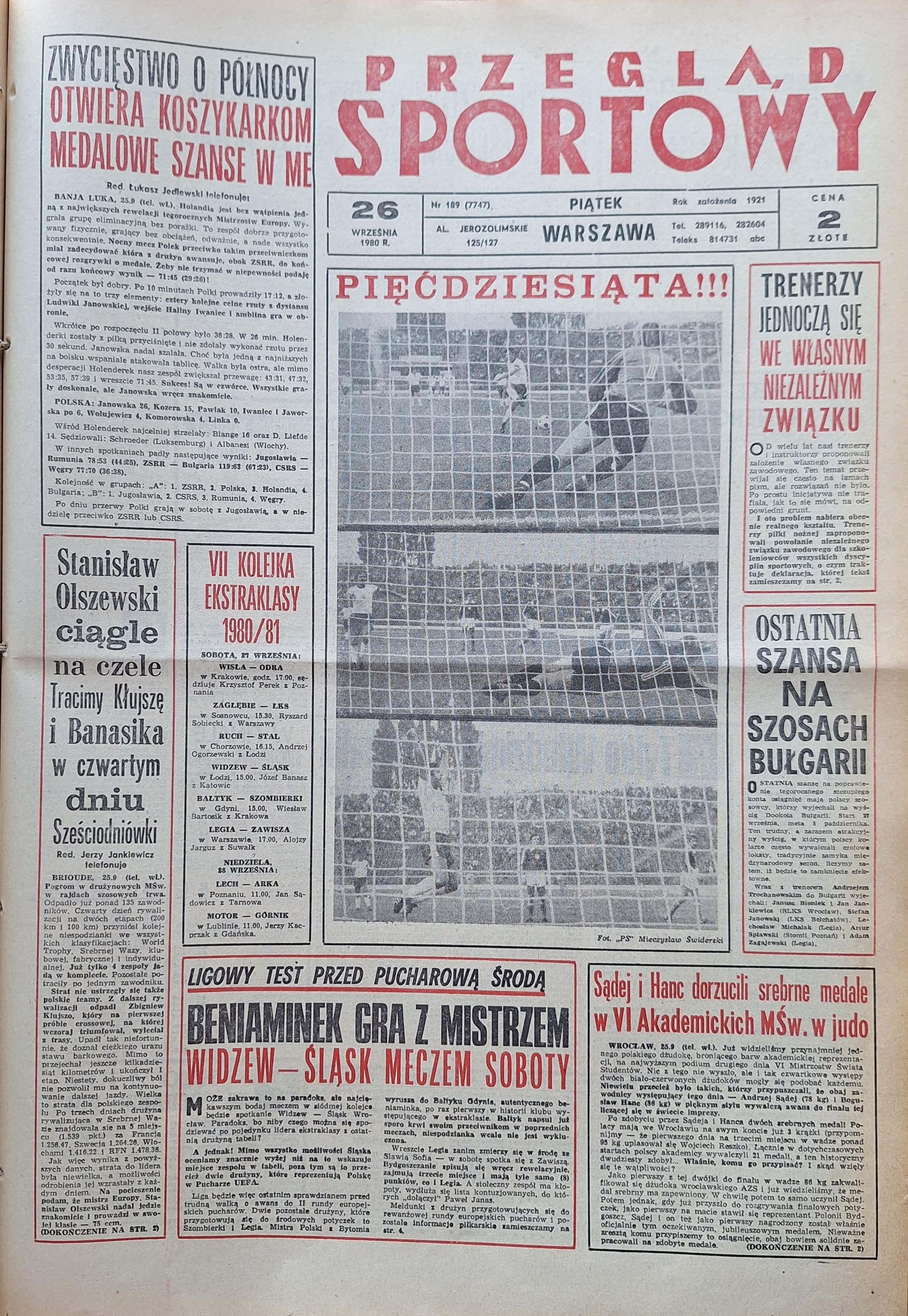 Przegląd Sportowy po meczu Polska - Czechosłowacja 1:1 (24.09.1980)