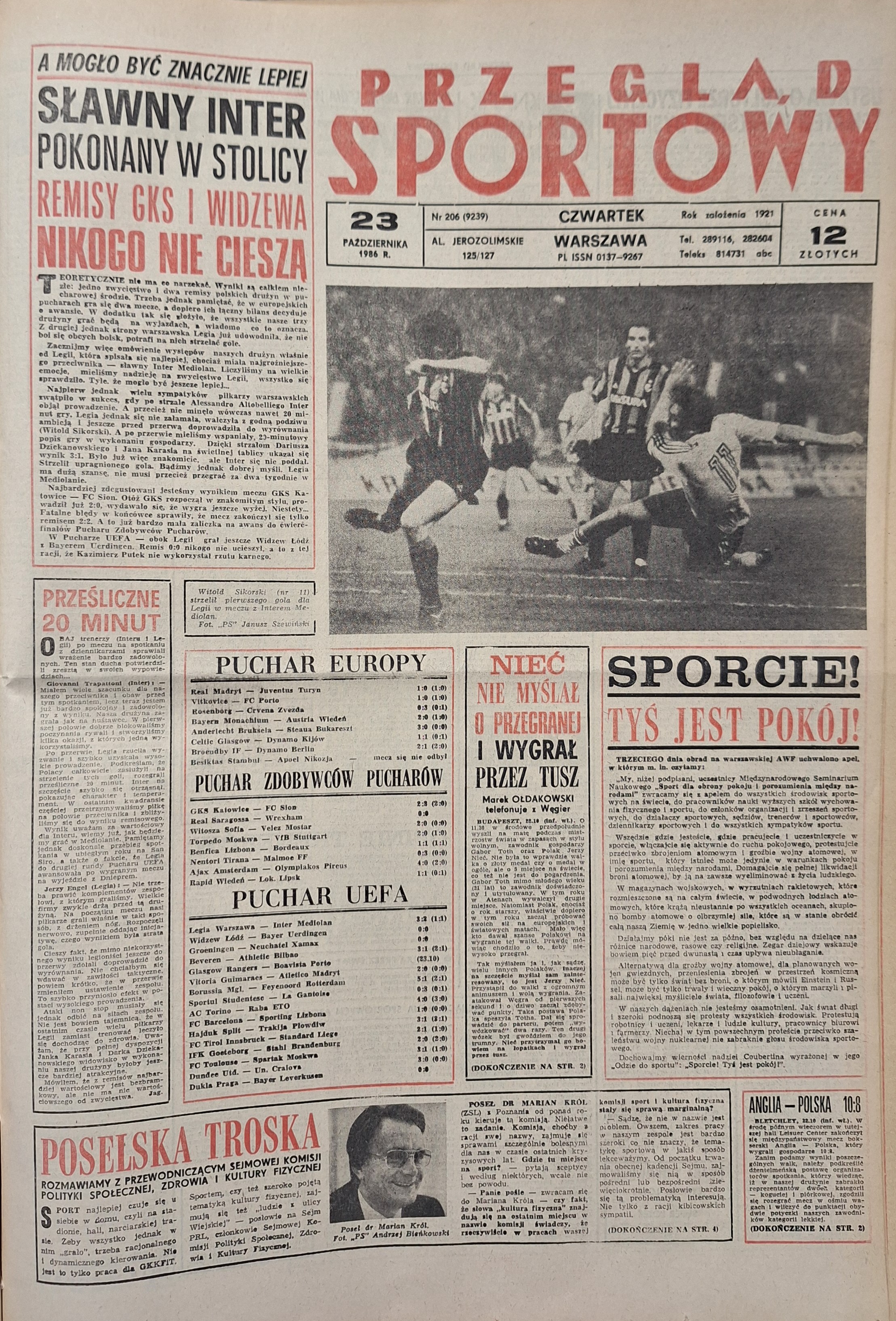 Przegląd Sportowy po meczu Legia Warszawa - Inter Mediolan 3:2 (22.10.1986)