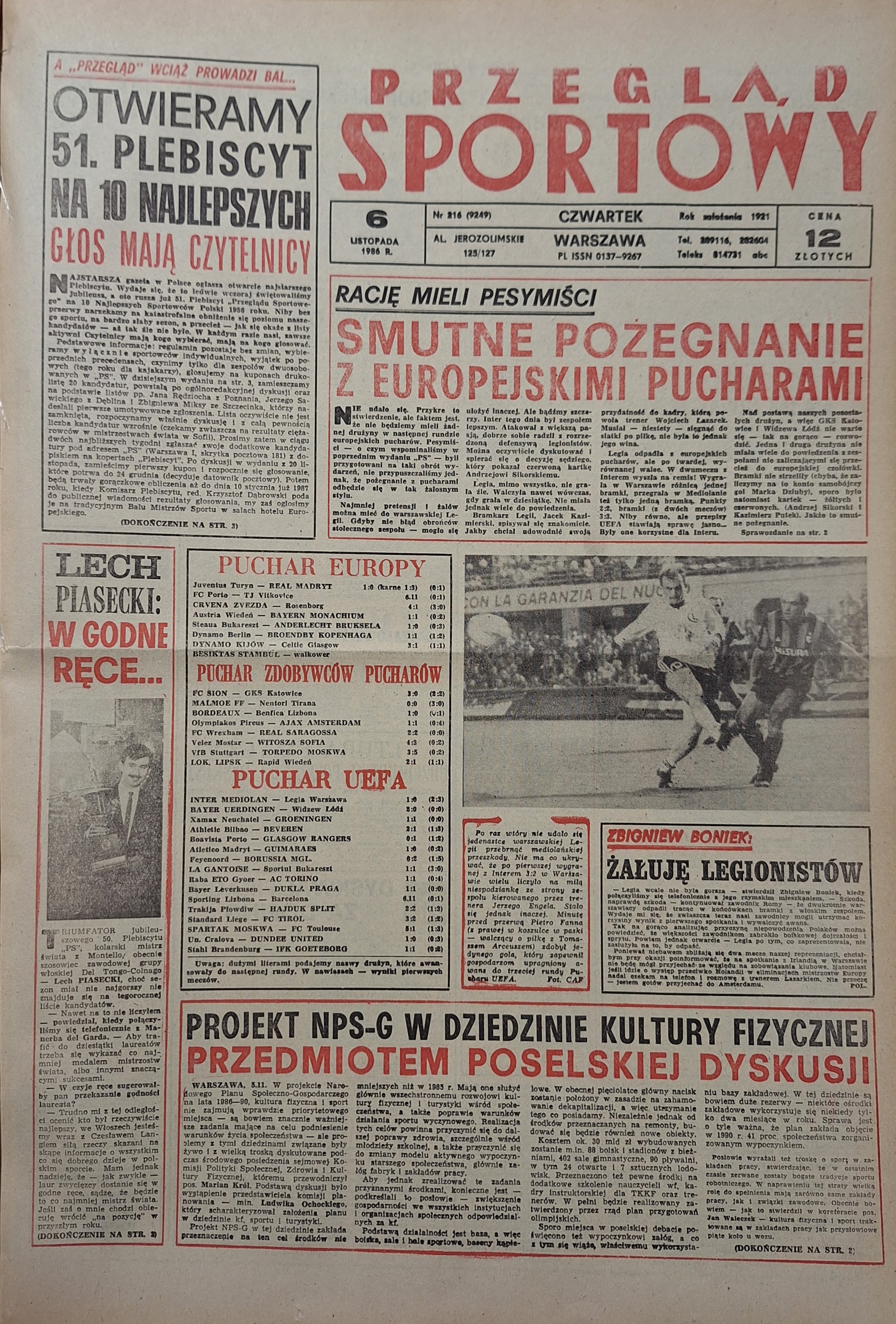 Przegląd Sportowy po meczu Inter Mediolan - Legia Warszawa 1:0 (05.11.1986)