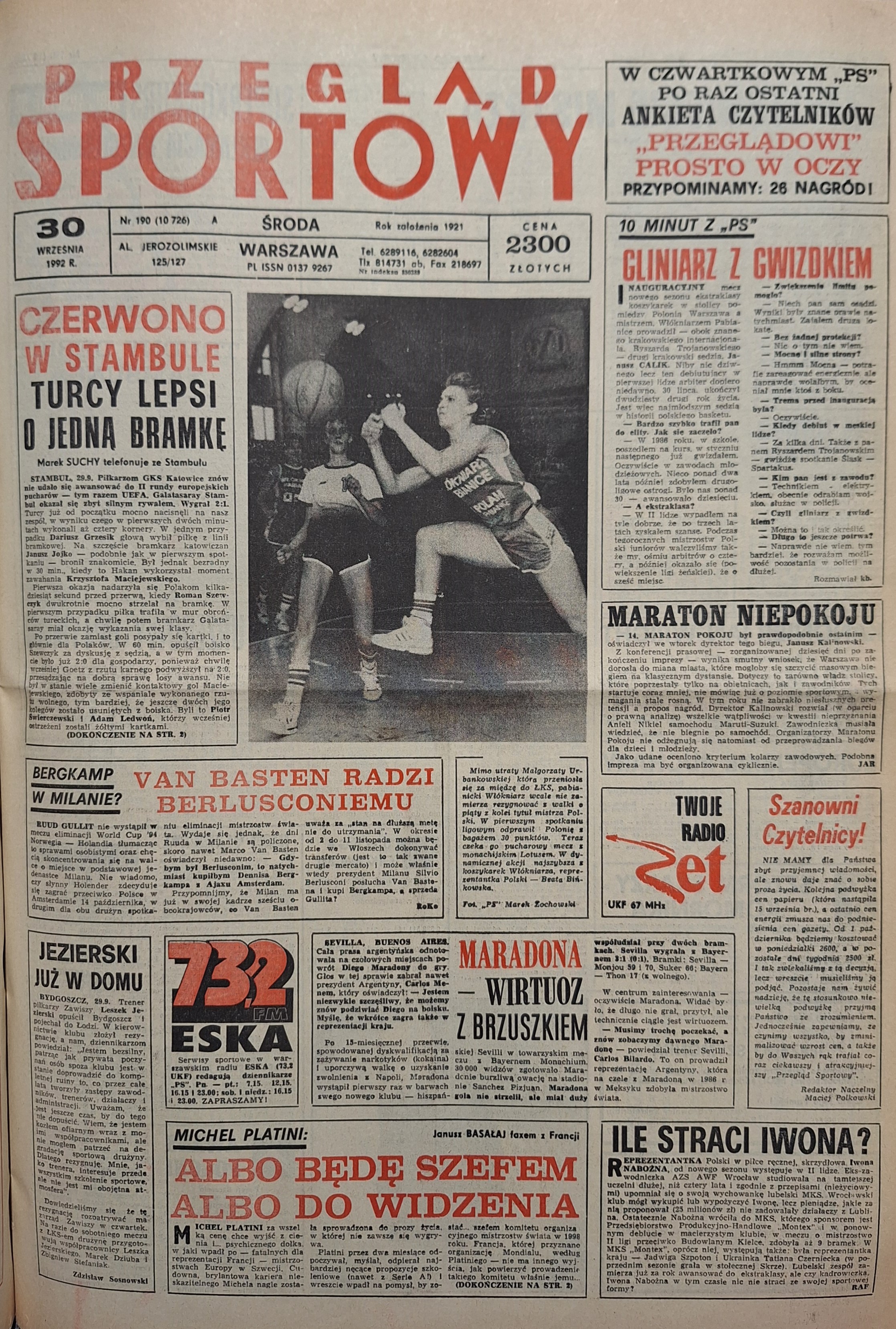 Przegląd Sportowy po meczu Galatasaray Stambuł - GKS Katowice 2:1 (29.09.1992)