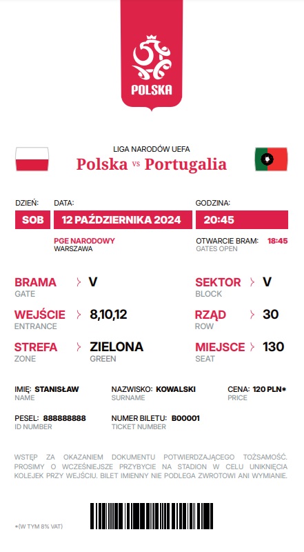 Polska - Portugalia 1:3 (12.10.2024) Bilet