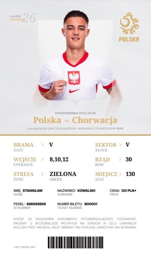 Polska - Chorwacja 3:3 (15.10.2024) Bilet kolekcjonerski