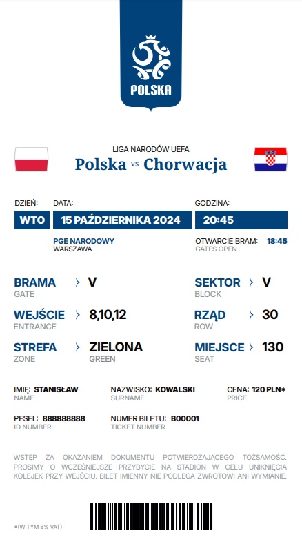 Polska - Chorwacja 3:3 (15.10.2024) Bilet