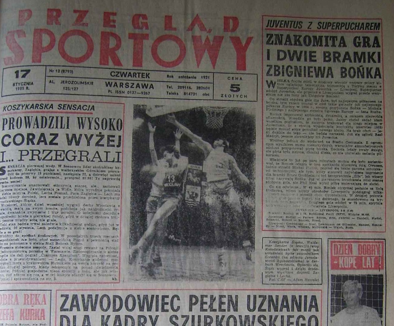 Przegląd Sportowy po meczu Juventus Turyn - Liverpool FC 2:0 (16.01.1985)