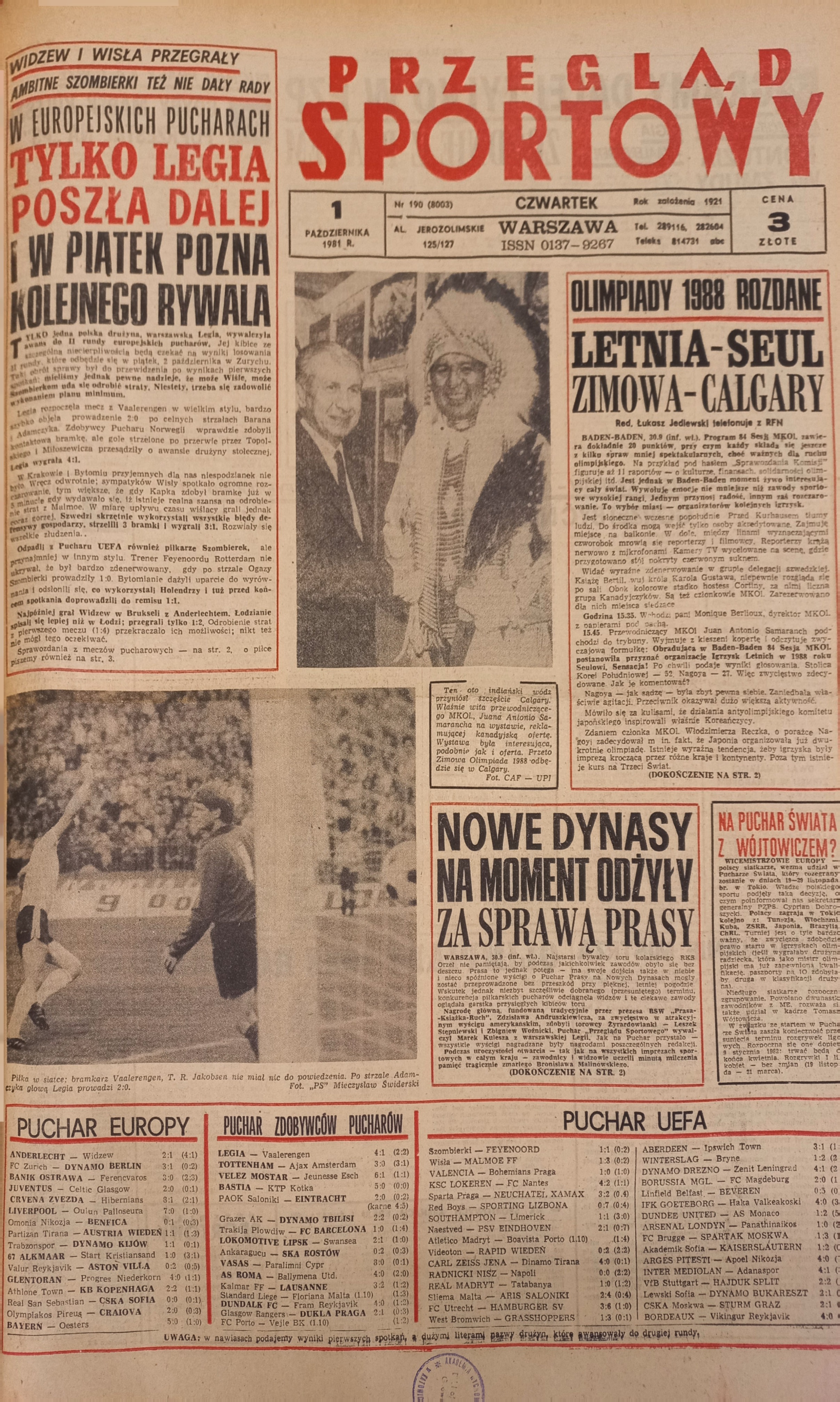 Przegląd Sportowy po meczu Legia Warszawa - Vålerenga Oslo 4:1 (30.09.1981)