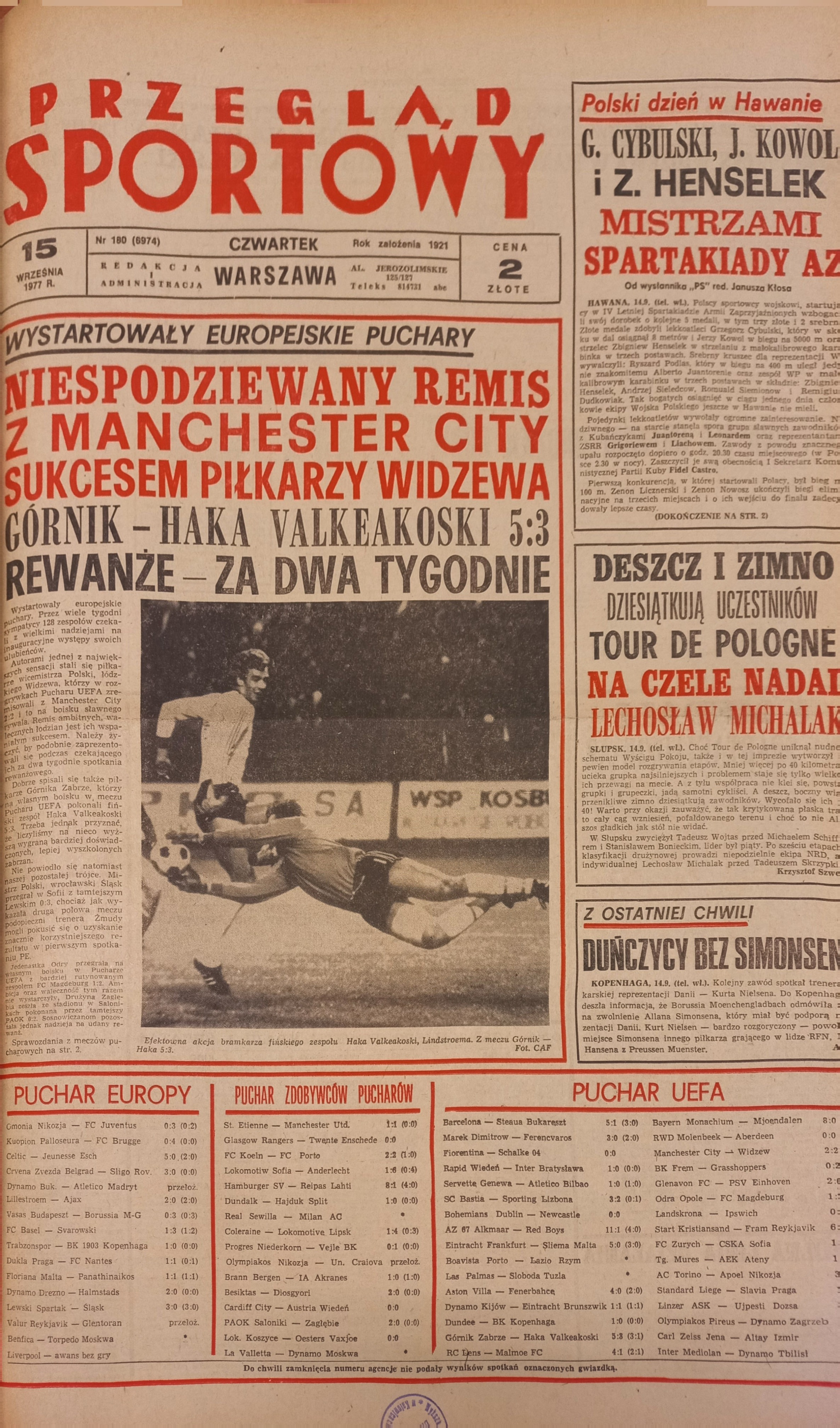 Przegląd Sportowy po meczu Górnik Zabrze - FC Haka Valkeakoski 5:3 (14.09.1977)