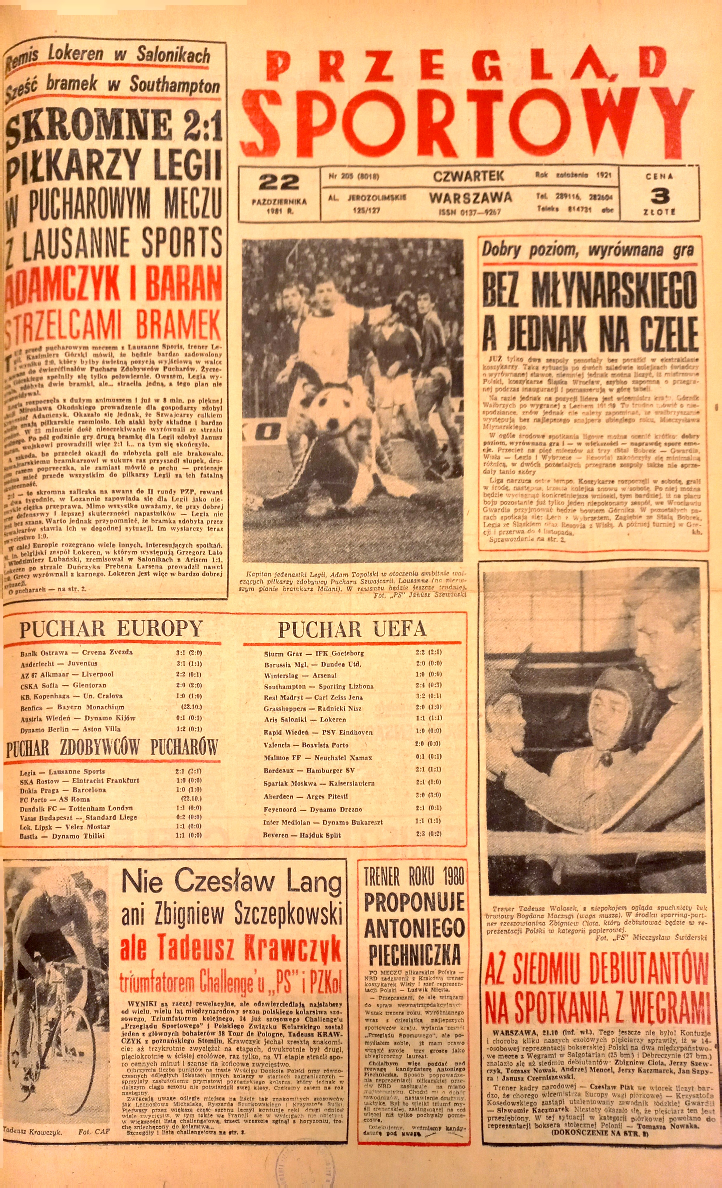 Przegląd Sportowy po meczu Legia Warszawa - Lausanne Sports 2:1 (21.10.1981)