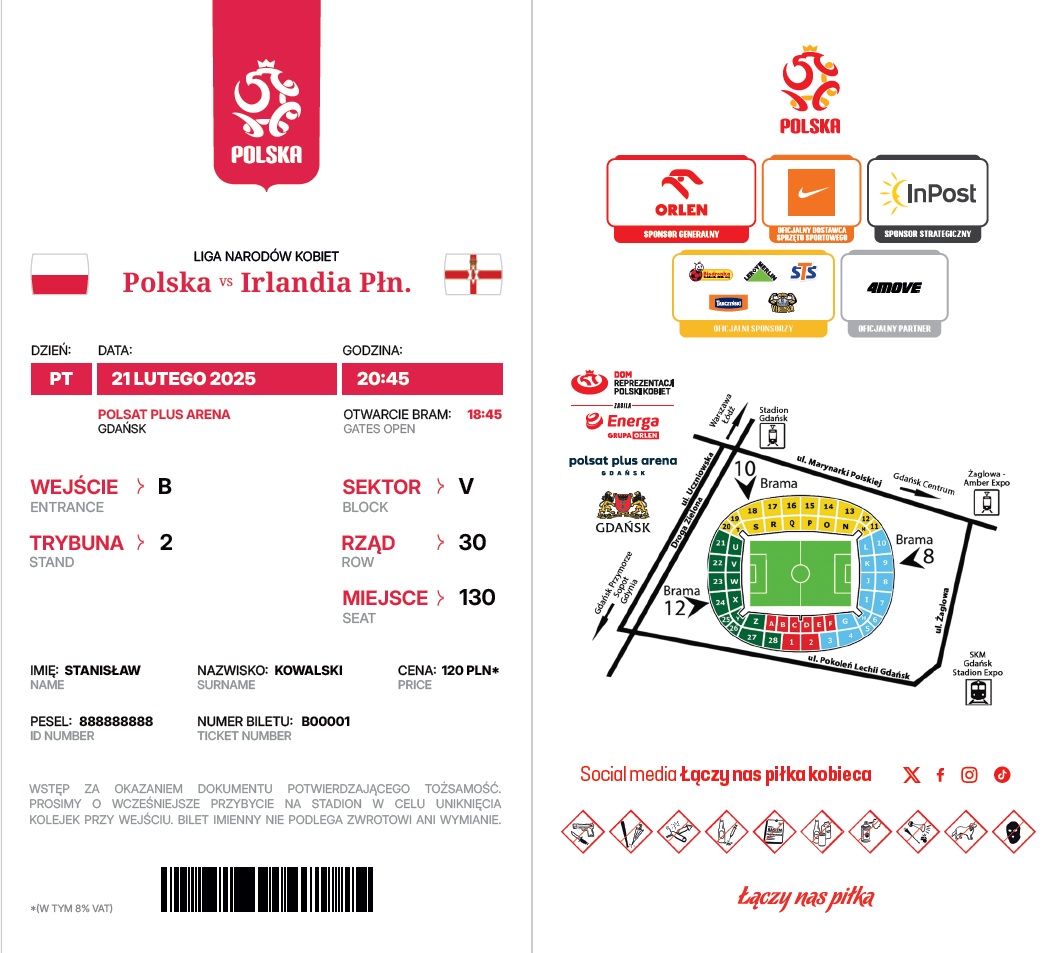 Bilet z meczu Polska - Irlandia Północna 2:0 kobiet (21.02.2025)