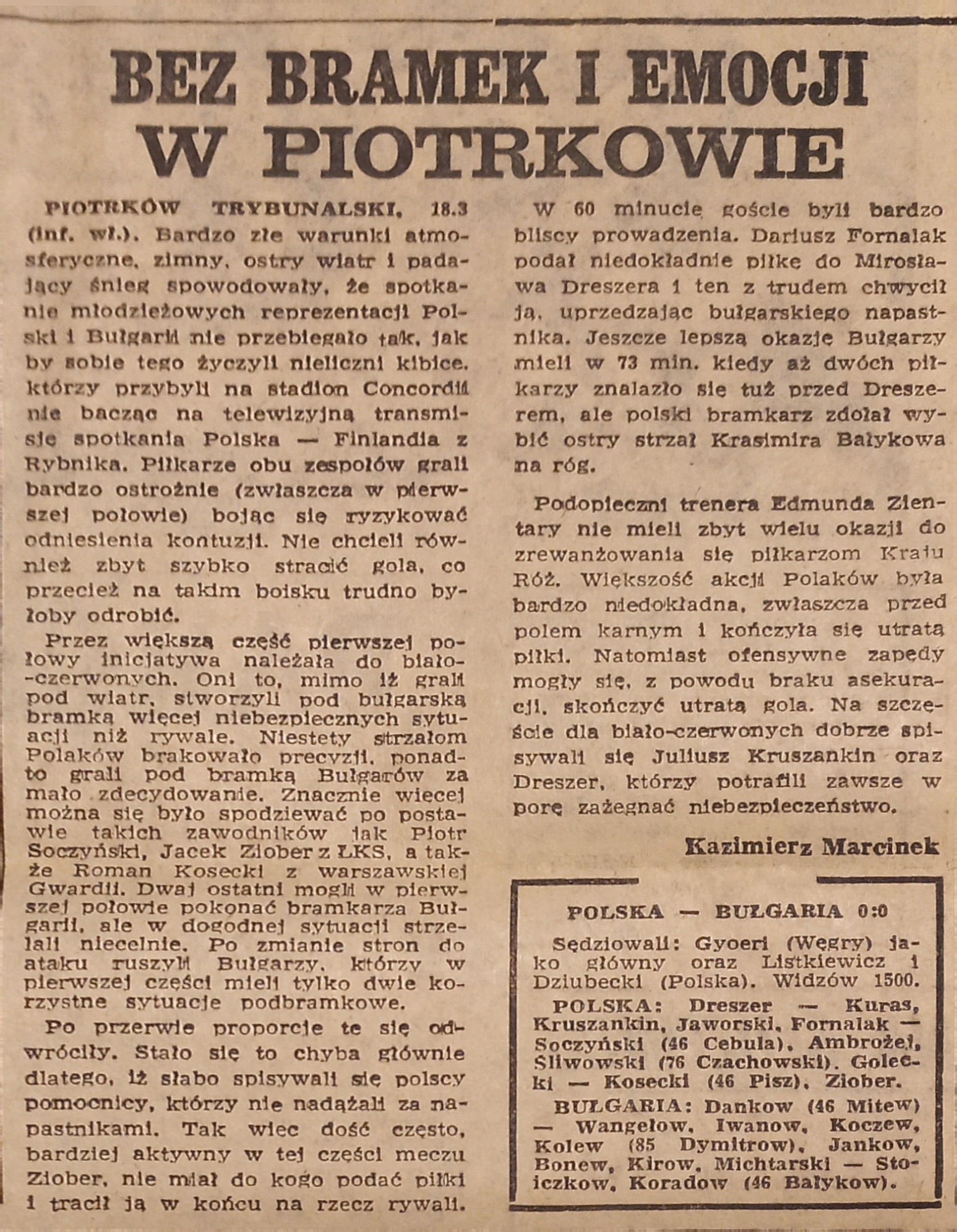 Przegląd Sportowy po meczu U21 Polska - Bułgaria 0:0 (18.03.1987)