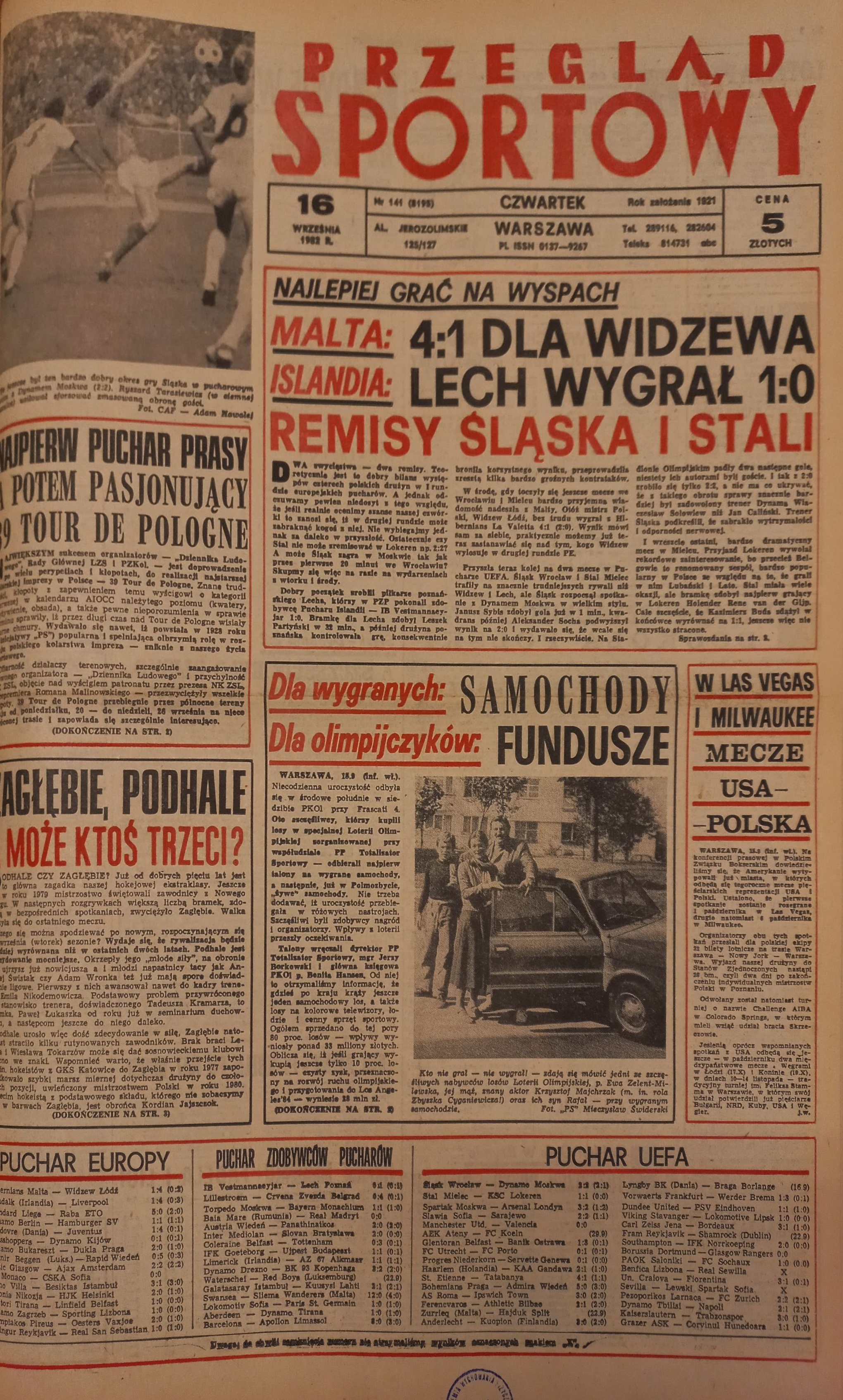 Przegląd Sportowy po meczu Stal Mielec - KSC Lokeren 1:1 (15.09.1982)