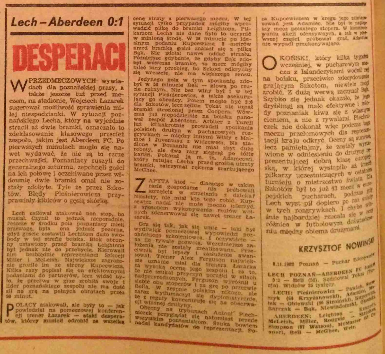 Piłka Nożna po meczu Lech Poznań - Aberdeen FC 0:1 (03.11.1982)
