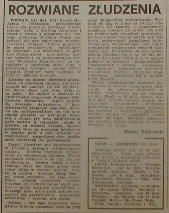 Przegląd Sportowy po meczu Lech Poznań - Aberdeen FC 0:1 (03.11.1982)