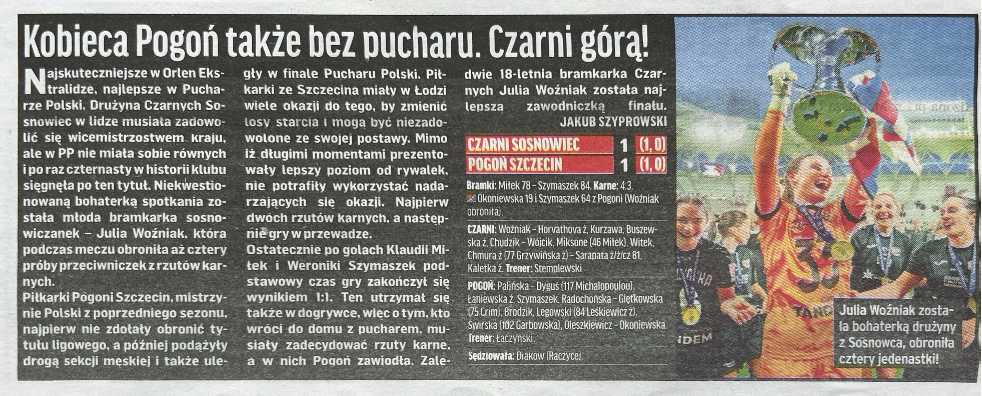 Przegląd Sportowy po meczu kobiet Czarni Sosnowiec - Pogoń Szczecin 1:1, k. 4-3 (17.05.2025)