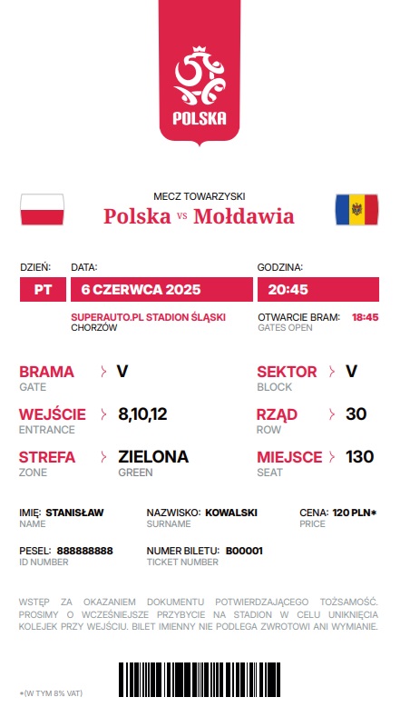 Polska - Mołdawia 2:0, 06.06.2025 Bilet