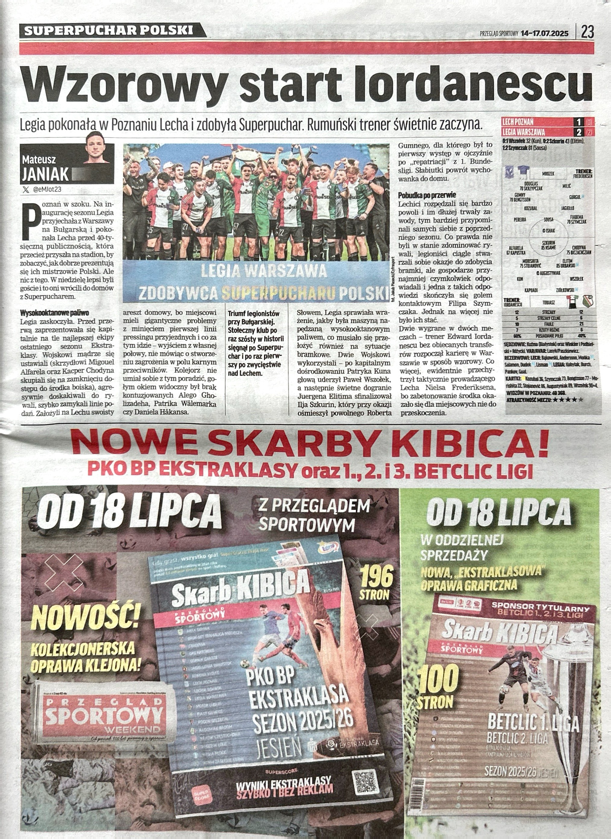 Przegląd Sportowy po meczu Lech Poznań - Legia Warszawa 1:2 (13.07.2025)
