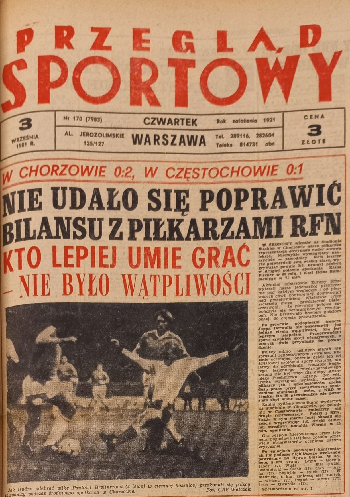 Przegląd Sportowy po meczu Polska - RFN 0:2 (02.09.1981)