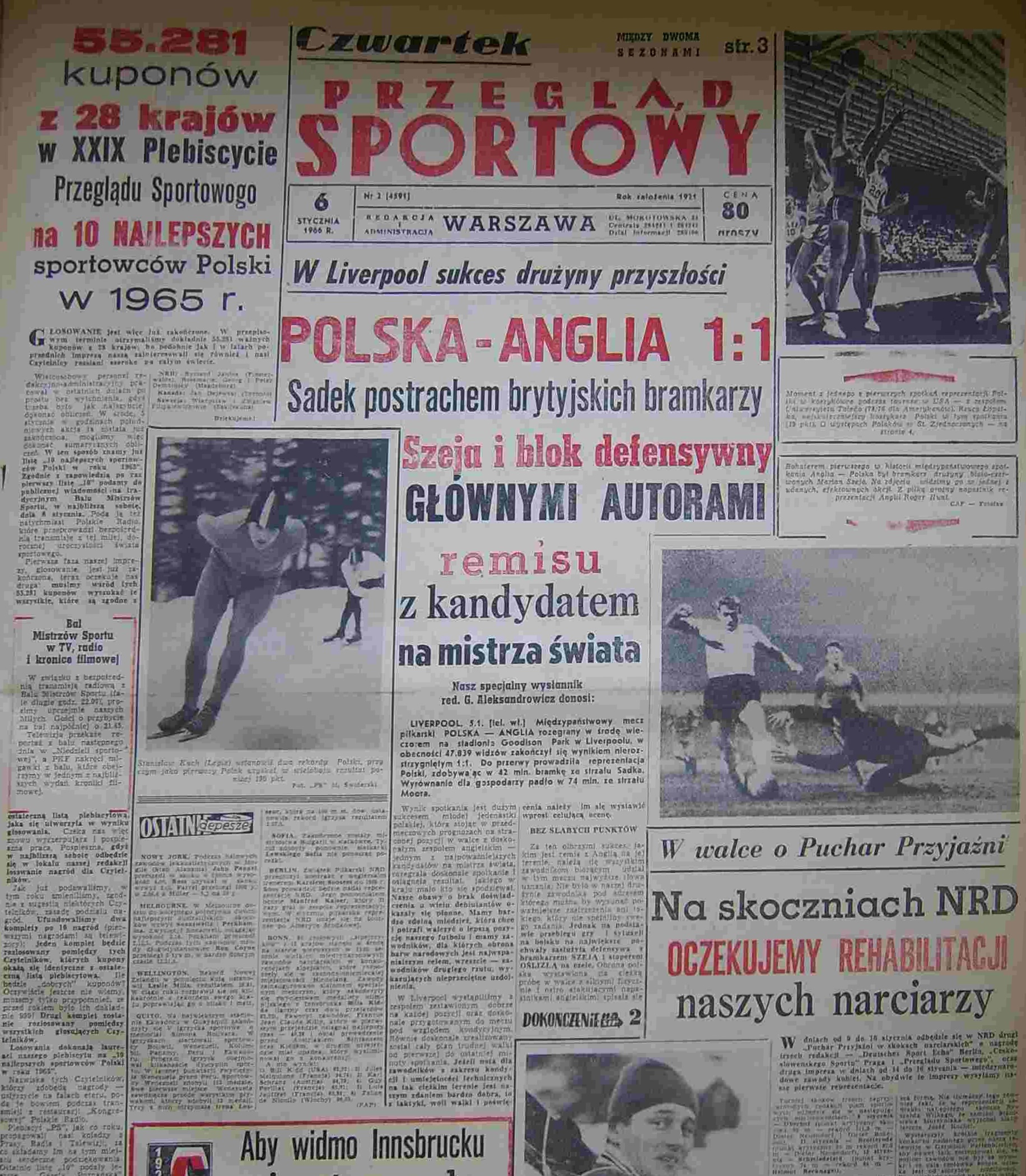 Przegląd Sportowy po meczu Anglia - Polska 1:1 (05.01.1966)