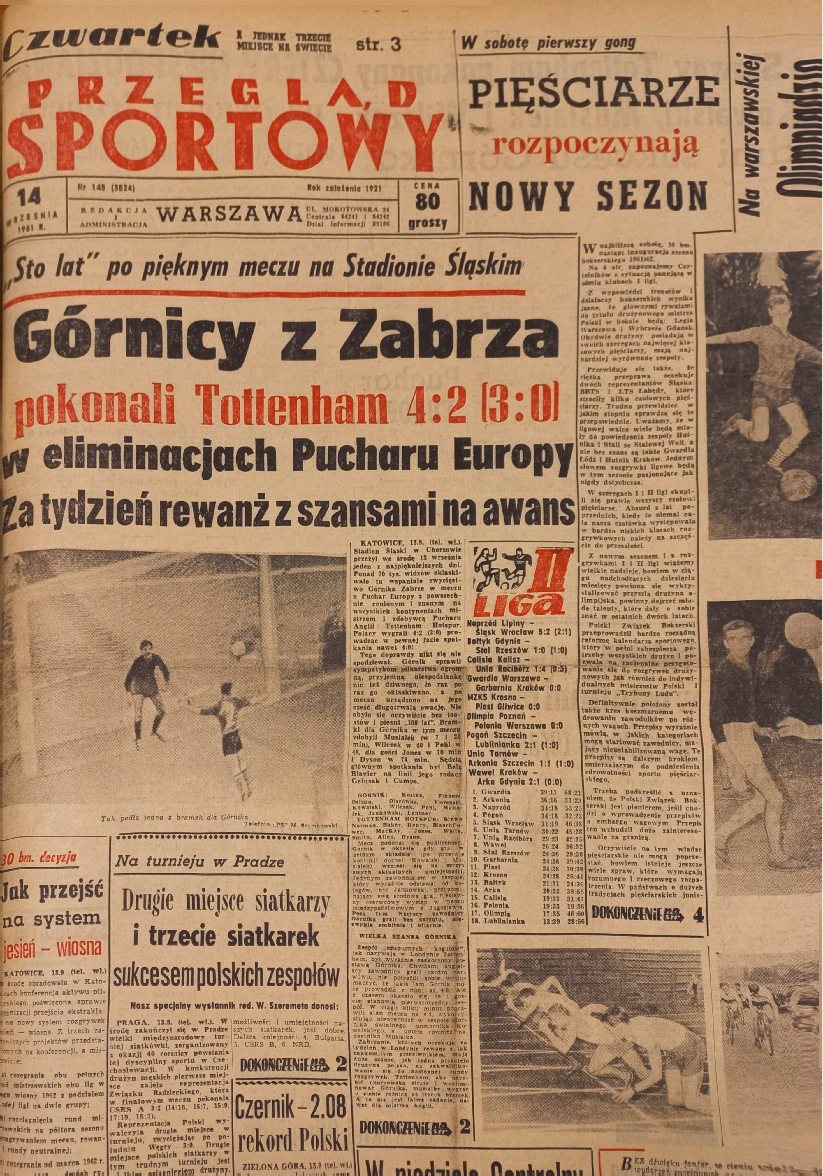 Przegląd Sportowy po meczu Górnik Zabrze - Tottenham 4:2 (13.09.1961)