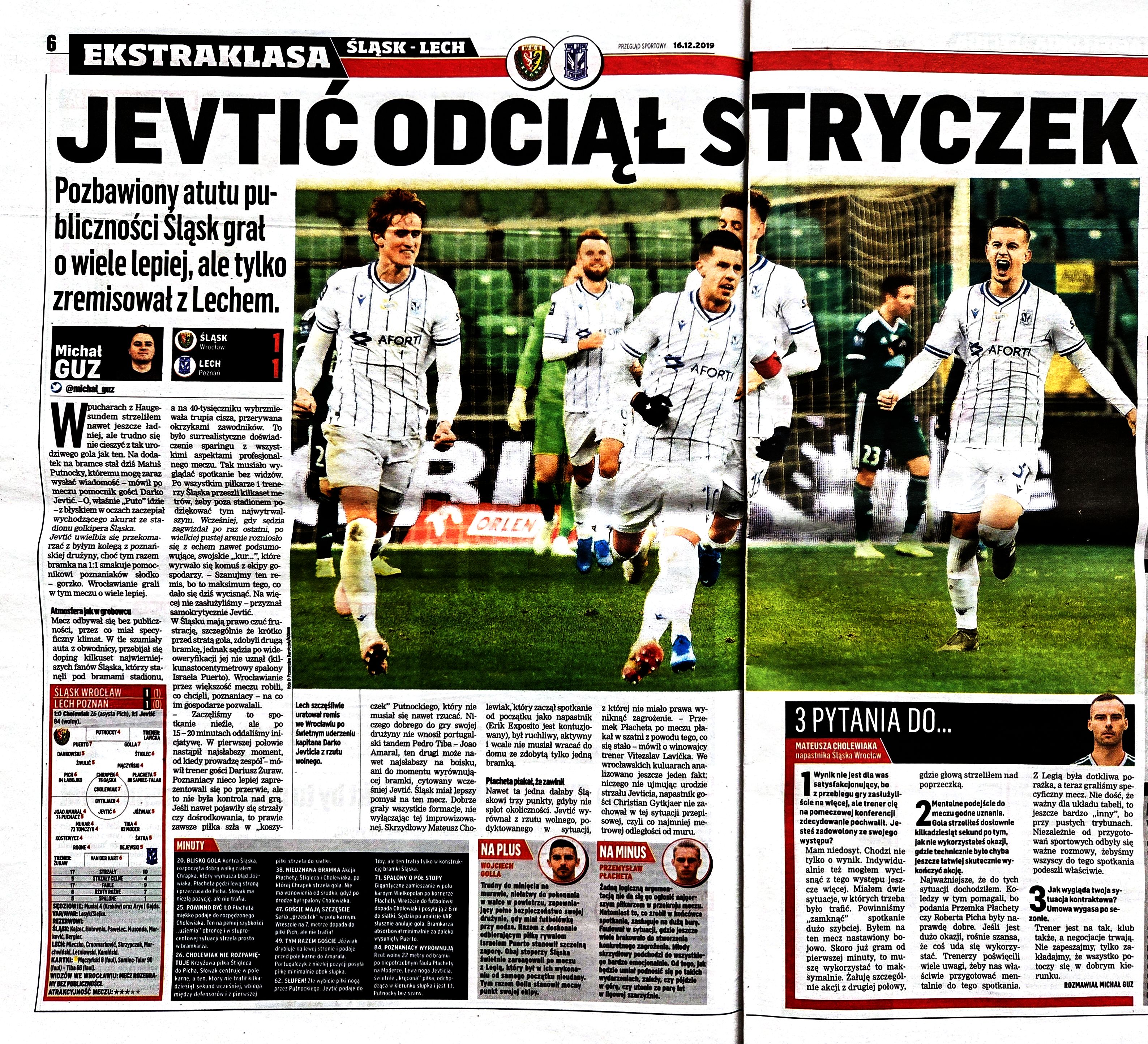 Śląsk Wrocław - Lech Poznań 1:1, 14.12.2019 Przegląd Sportowy