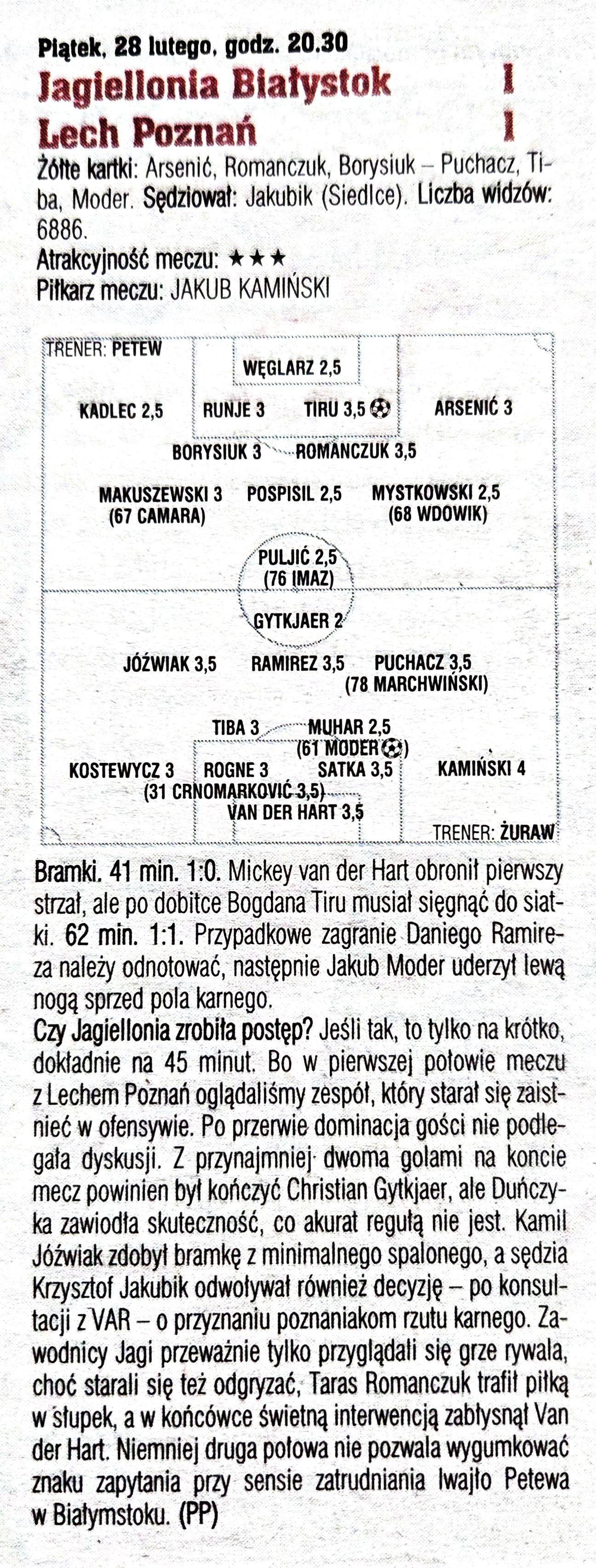 Jagiellonia Białystok - Lech Poznań 1:1, 28.02.2020 Tygodnik Piłka Nożna