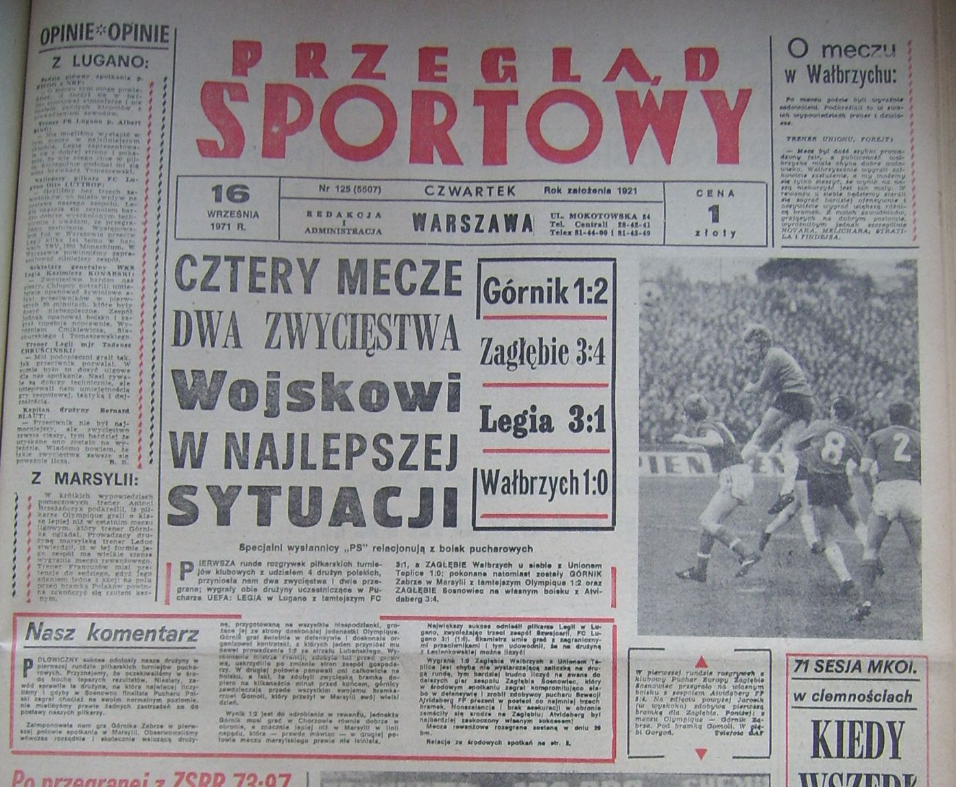 Przegląd Sportowy po meczu Olympique Marsylia - Górnik Zabrze 2:1 (15.09.1971)