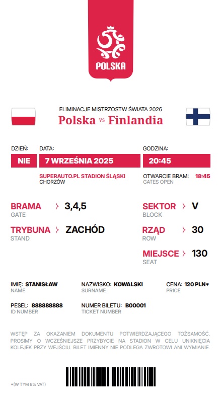 Polska - Finlandia 3:1, 07.09.2025 Bilet