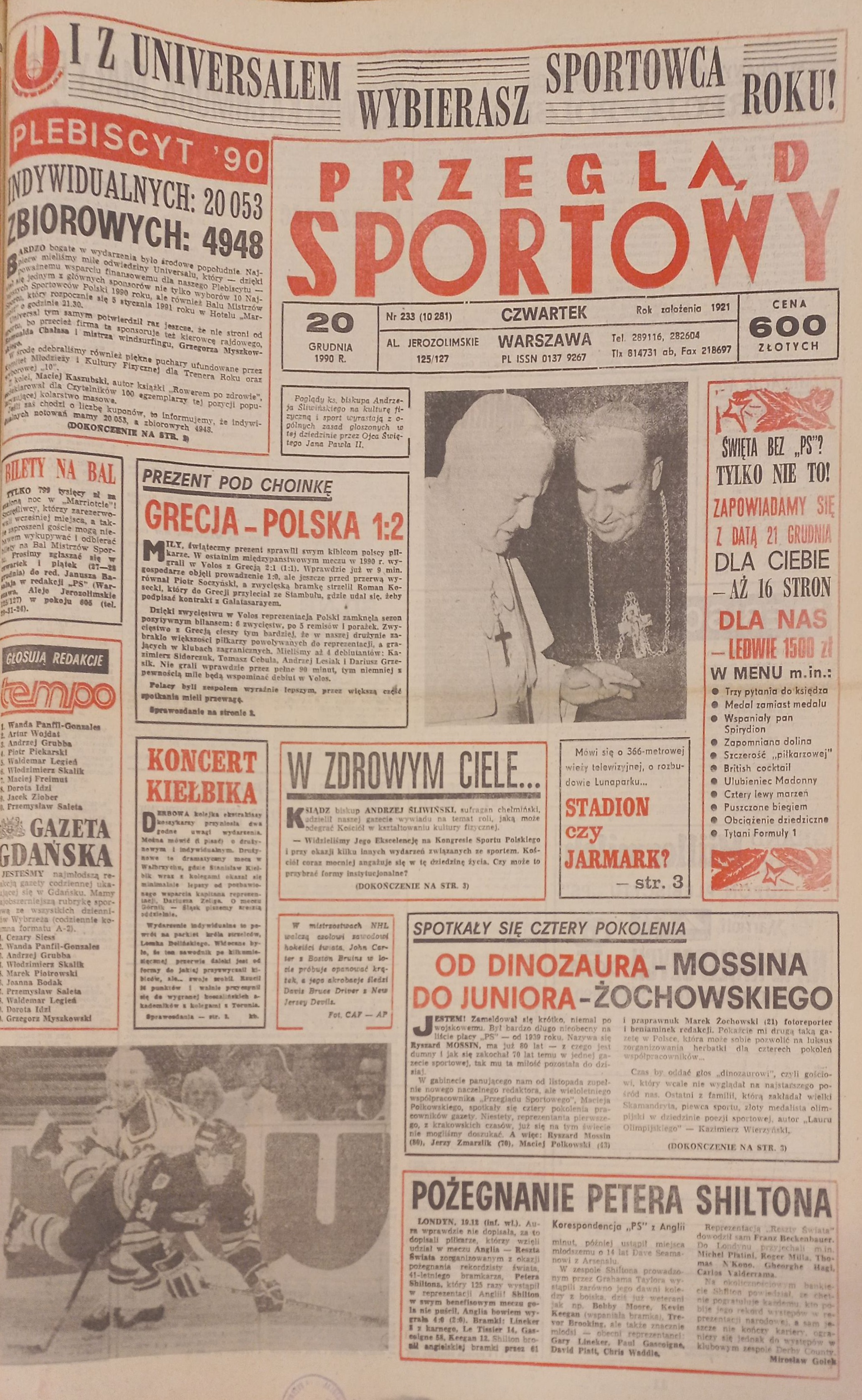 Przegląd Sportowy po meczu Grecja - Polska 1:2 (19.12.1990)