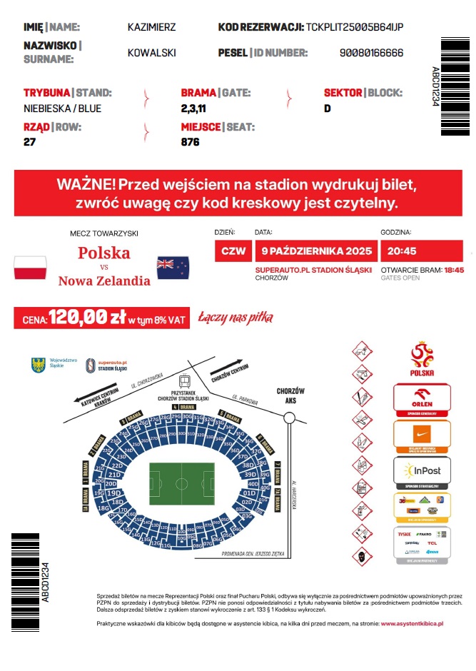 Polska - Nowa Zelandia 1:0, 09.10.2025 Bilet print at home