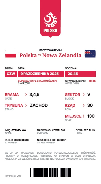 Polska - Nowa Zelandia 1:0, 09.10.2025 Bilet