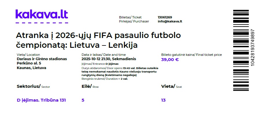Litwa - Polska 0:2, 12.10.2025 Bilet