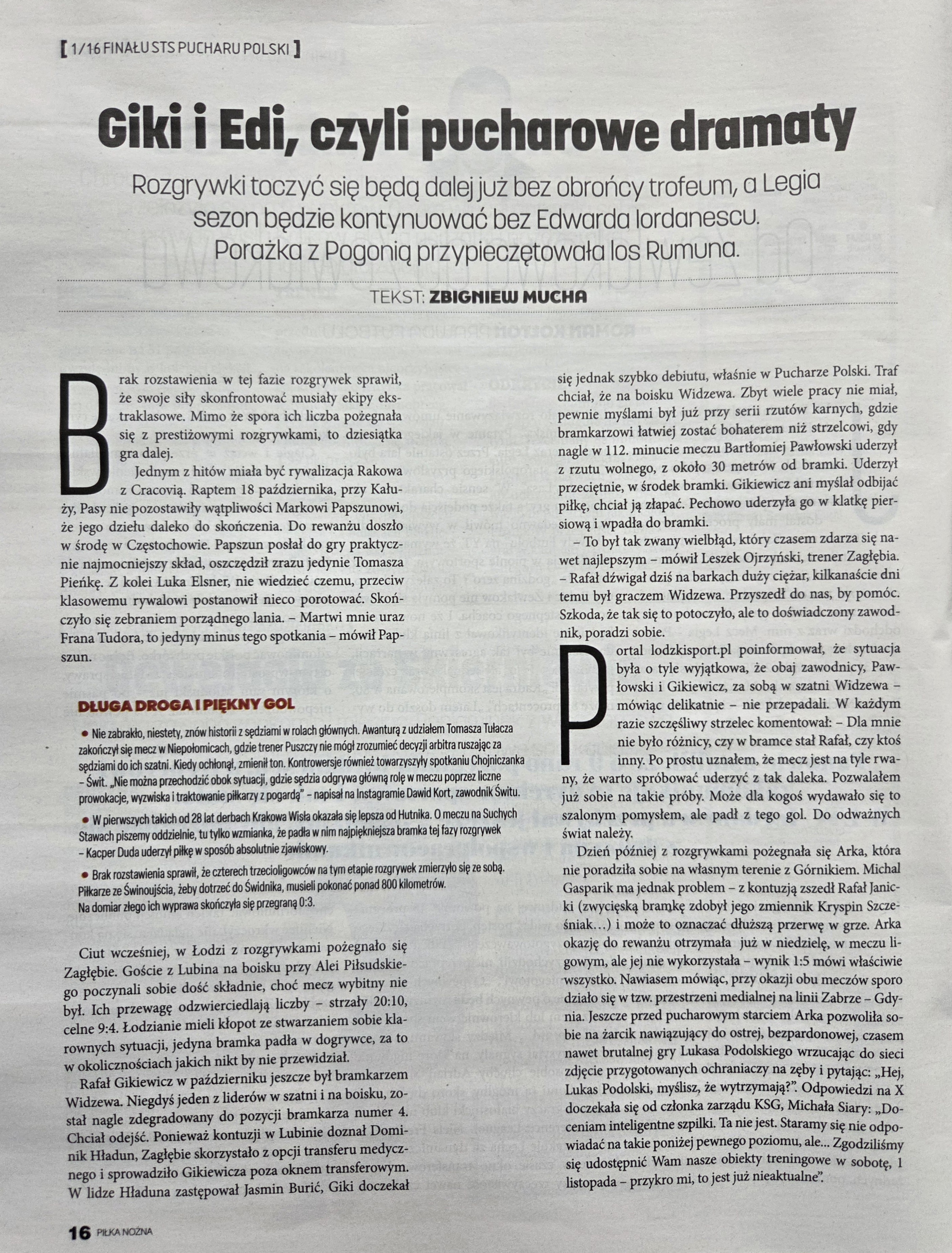 Tygodnik Piłka Nożna po meczach 1/16 finału STS Pucharu Polski
