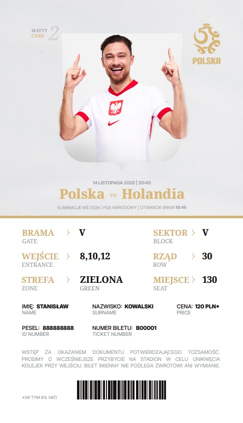 Polska - Holandia 1:1, 14.11.2025 Bilet kolekcjonerski
