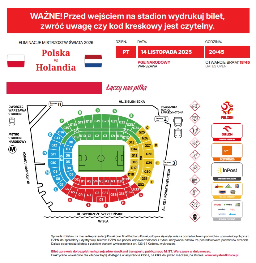 Polska - Holandia 1:1, 14.11.2025 Bilet print at home