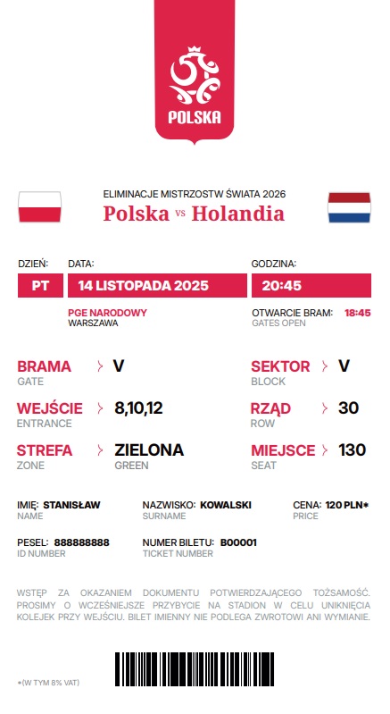 Polska - Holandia 1:1, 14.11.2025 Bilet