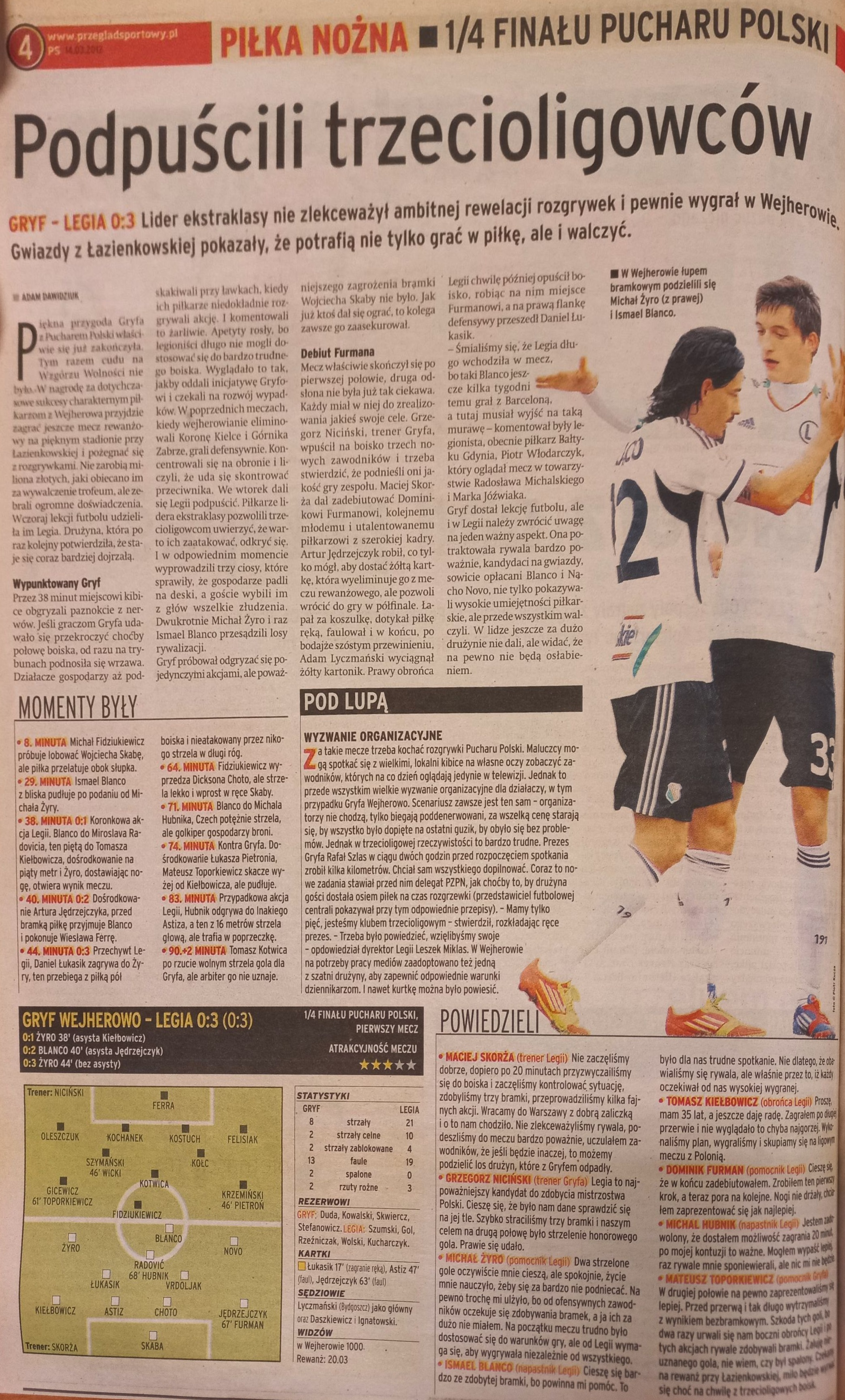 Przegląd Sportowy po meczu Gryf Wejherowo - Legia Warszawa 0:3 (13.03.2012)