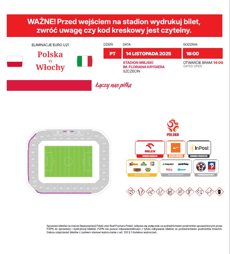 Bilet z meczu U21 Polska - Włochy 2:1 (14.11.2025)