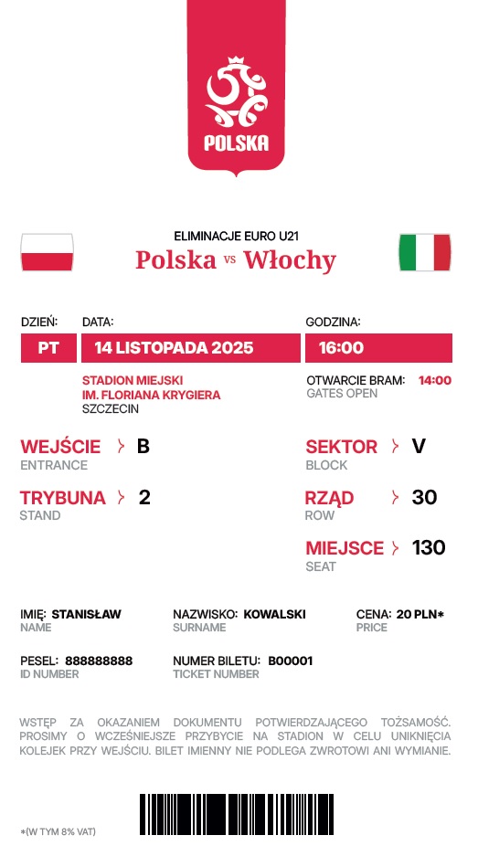 Bilet z meczu U21 Polska - Włochy 2:1 (14.11.2025)