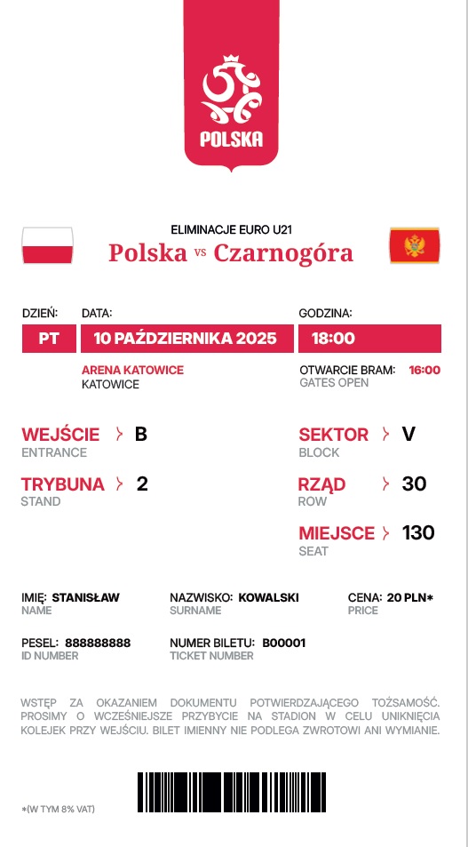 Bilet z meczu U21 Polska - Czarnogóra 2:0 (10.10.2025)