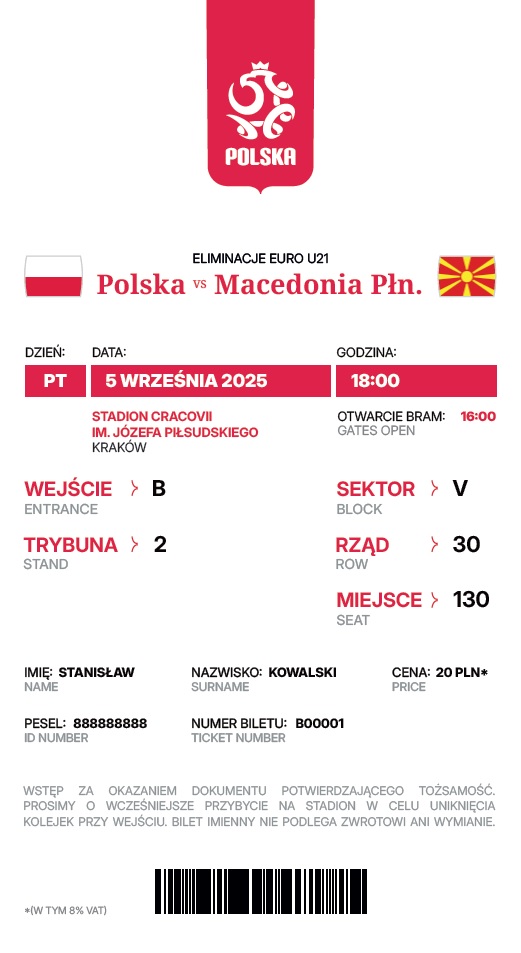 Bilet z meczu U21 Polska - Macedonia 05.09.2025