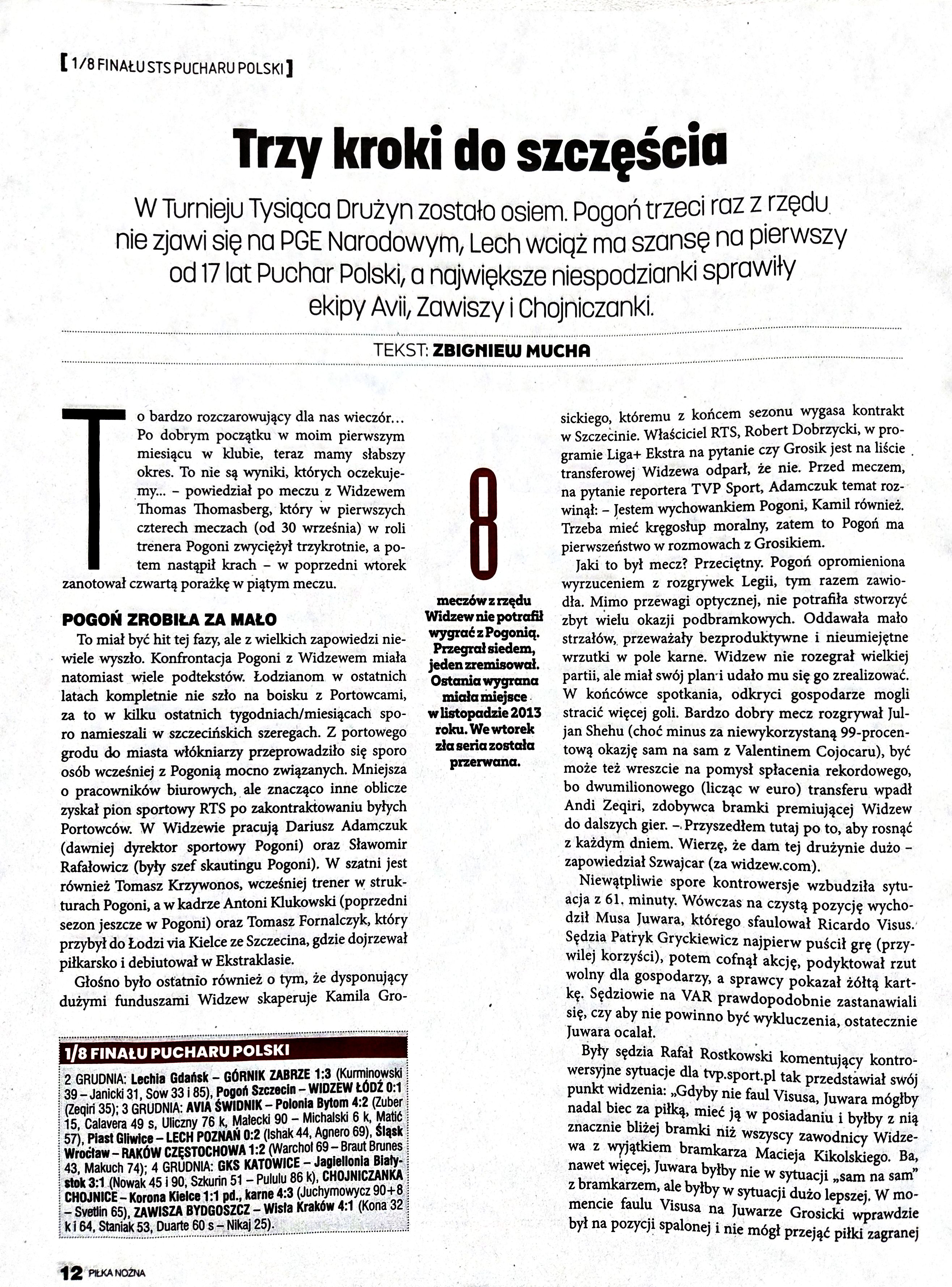 Tygodnik Piłka Nożna po meczach 1/8 finału STS Pucharu Polski