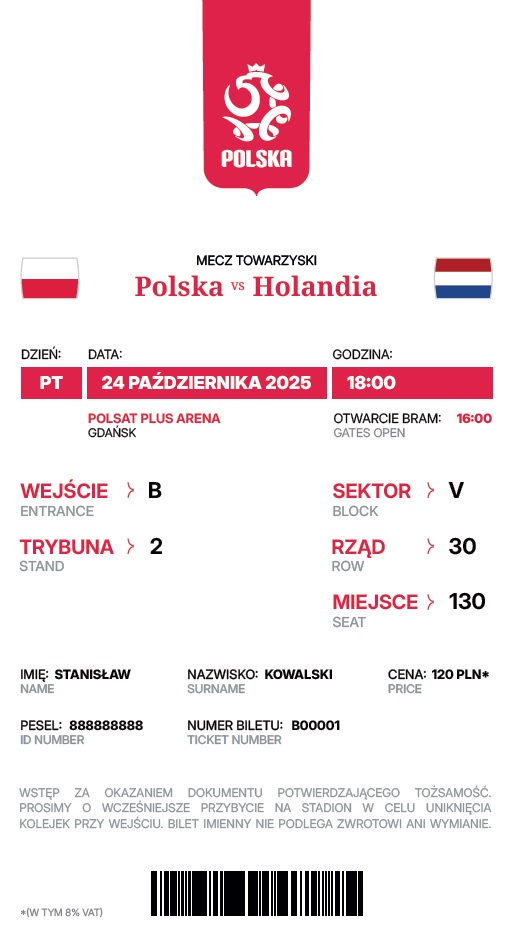 Bilet z meczu kobiet Polska - Holandia 0:0 (24.10.2025)