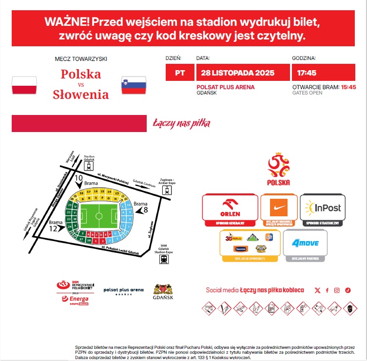 Bilet z meczu kobiet Polska - Słowenia 1:0 (28.11.2025)